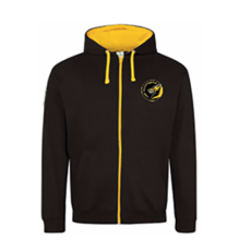 Hoodie noir avec zip, capuche et fermeture jaune